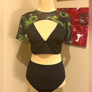 Hi Waisted Black Bikini with Green dragon Print Crop Top, size L
